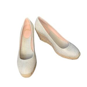 J. Crew‎ Seville natural/metallic gold espadrille wedge jute heel. EUC Size 9.5